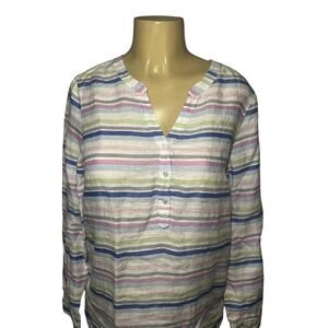 Talbots Shirt Womens Medium Linen Long Sleeve Button Striped Casual Top